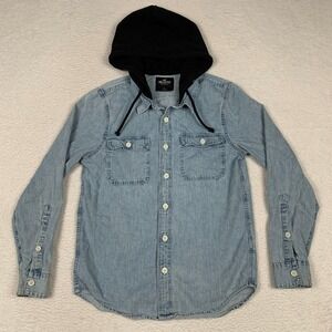 Hollister Button Down Shirt Mens M Hooded Pockets Denim Drawstring Blue Y2K